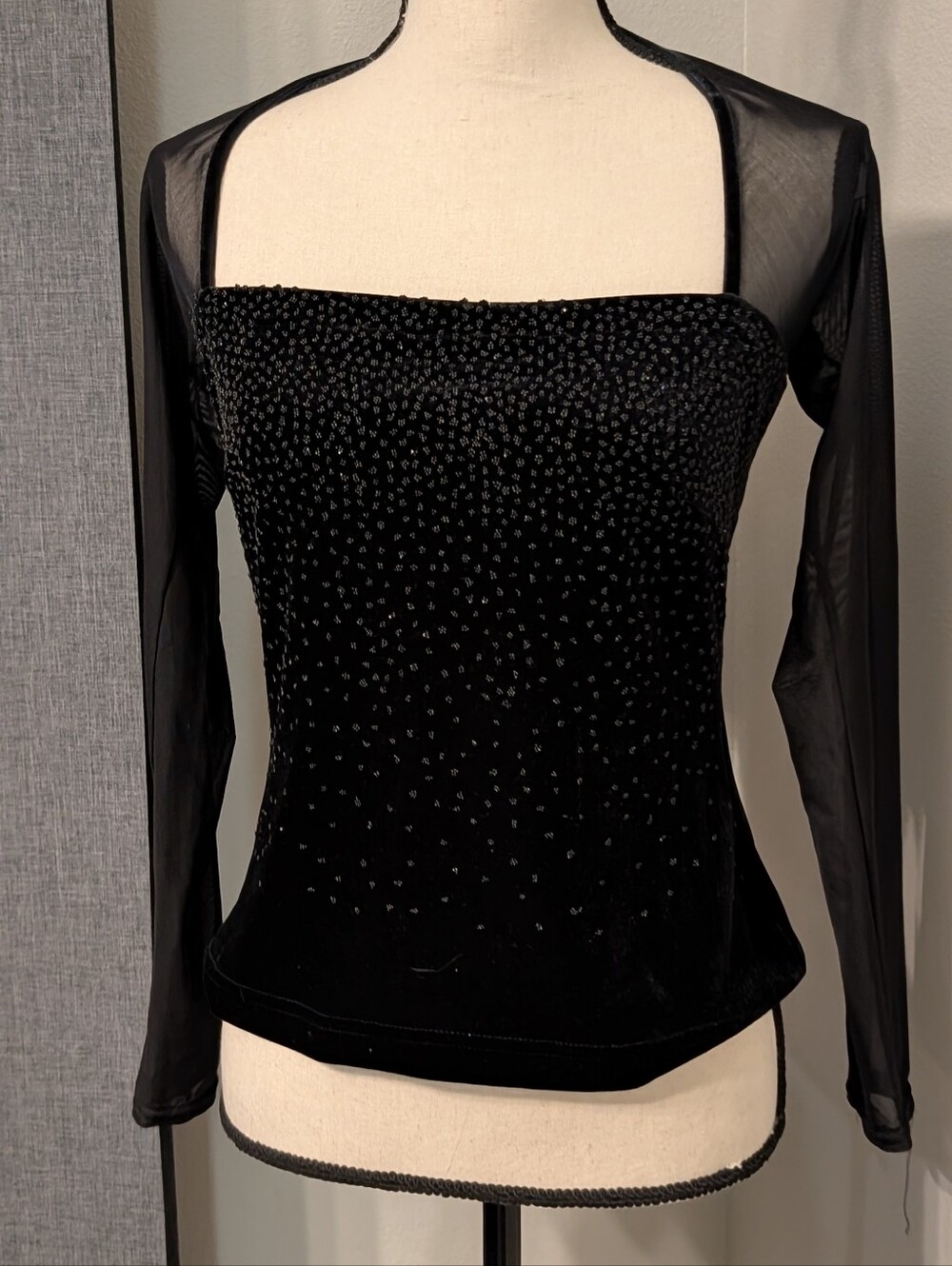 Vintage Hillard & Hanson Black Velvet Beaded Mesh Long Sleeve Top Size 8